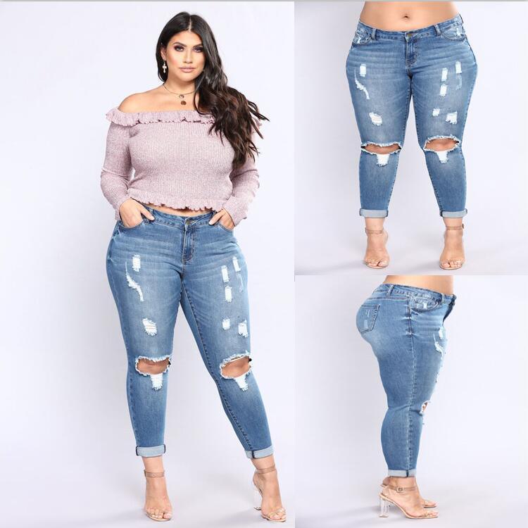 Stretch denim hole high waist ladies jeans - JWHL FASHION