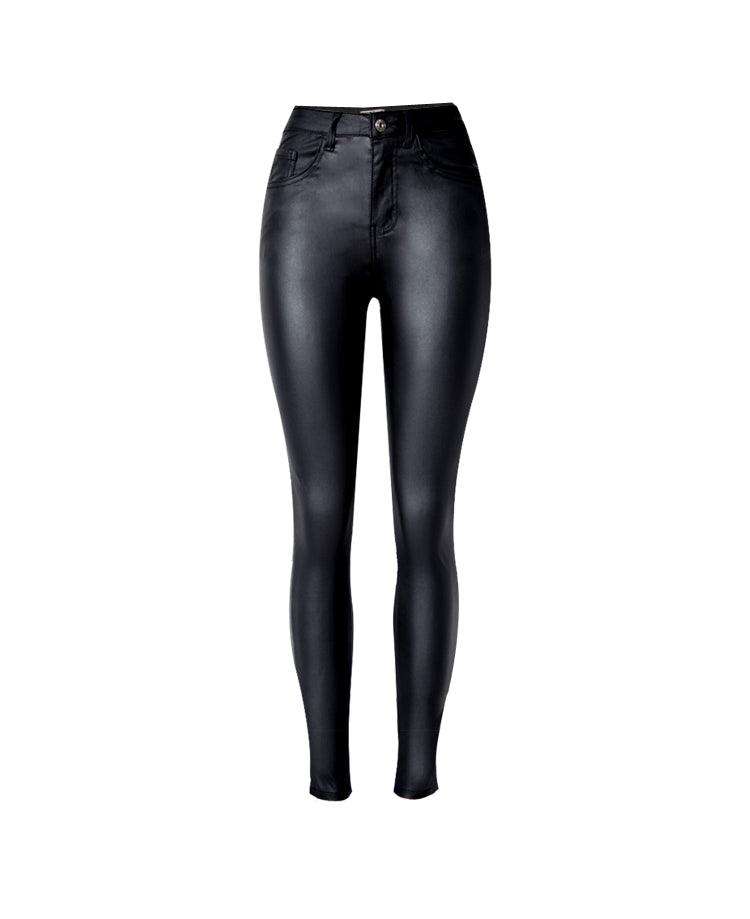 High waist slim stretch coated faux leather pants or trousers - JWHL FASHION