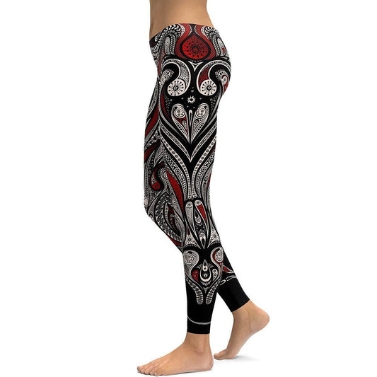 Red Rose Black Mandala Weave Yoga Workout Leggings - JWHL FASHION