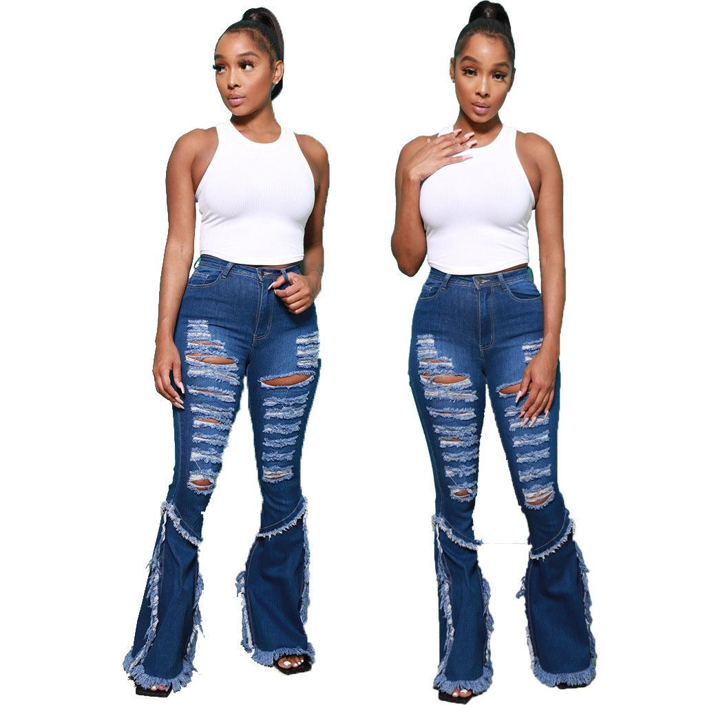 Raw-edged Ripped Flared Jeans - JWHL FASHION