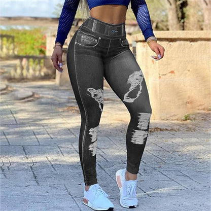 Ladies High Waist High Stretch Faux Denim Leggings - JWHL FASHION