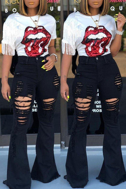 Ripped and ripped wide leg flared trousers - JWHL FASHION