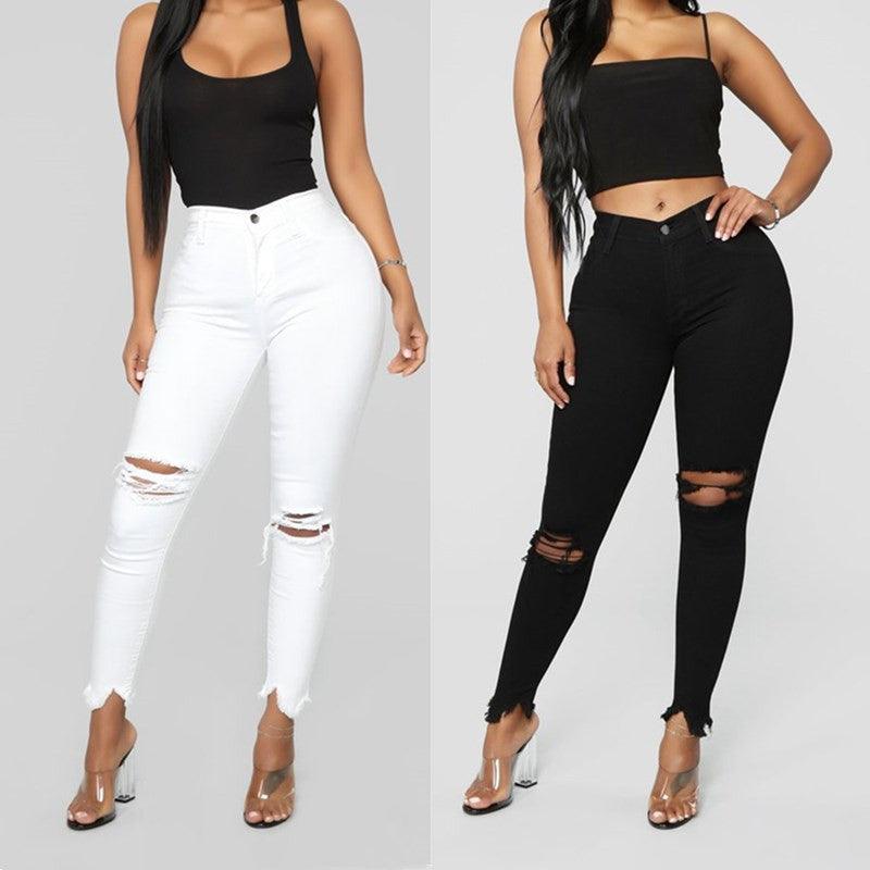 Ripped solid denim long pants - JWHL FASHION