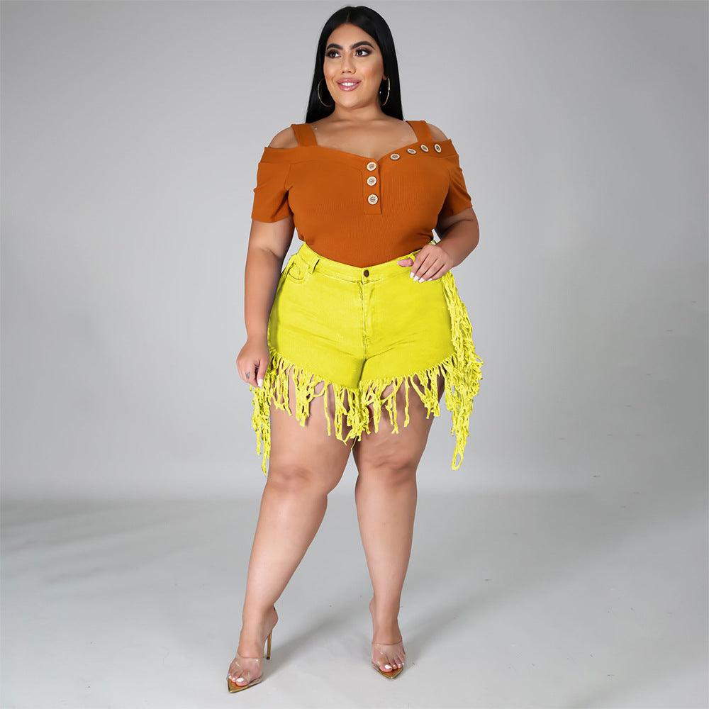 Ripped Fringed Brushed Denim Shorts Plus Size Women'S Casual Straight-Leg Pants - JWHL FASHION