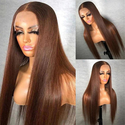 Straight Brown Lace Closure Human Hair Wig Chocolate Color - JWHL FASHION