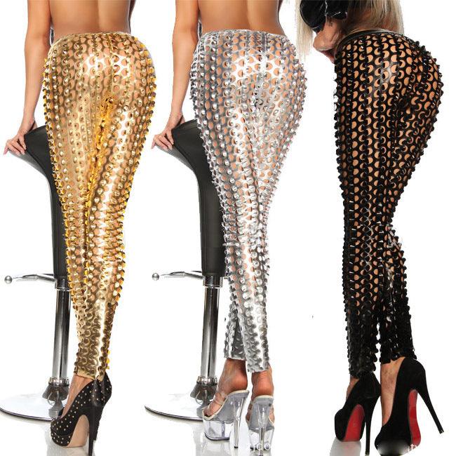 European and American Wind Punk Rock and Roll Metal Bright Skin Fish Scale Burrowed Bottom Pants - JWHL FASHION