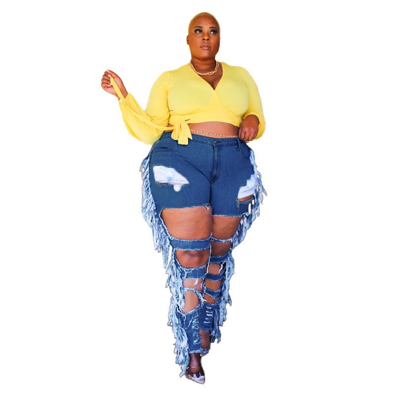 Plus Size Side Tassel Holes Jeans - JWHL FASHION