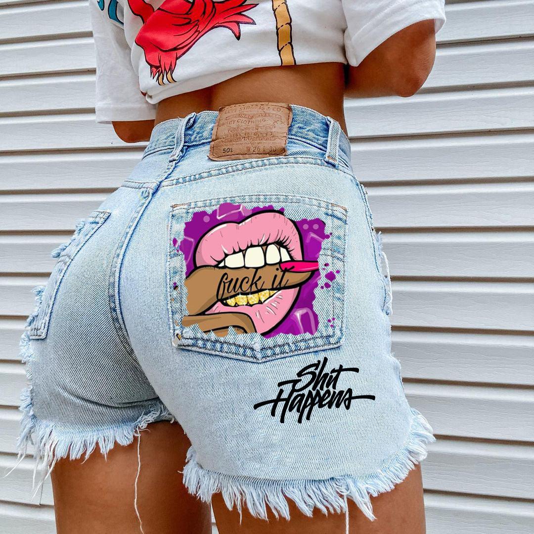 Mouth Biting Finger Print Fashion Ripped Denim Shorts - JWHL FASHION