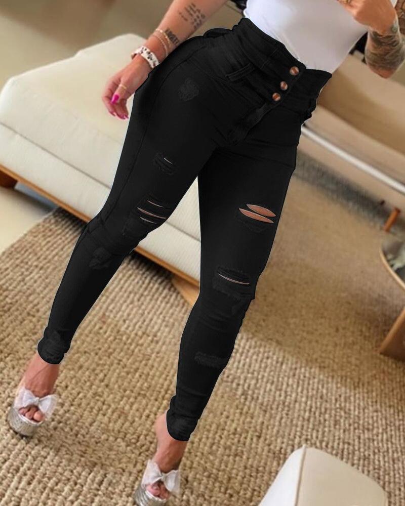 Slim High Waist Skinny Ripped Pants - JWHL FASHION