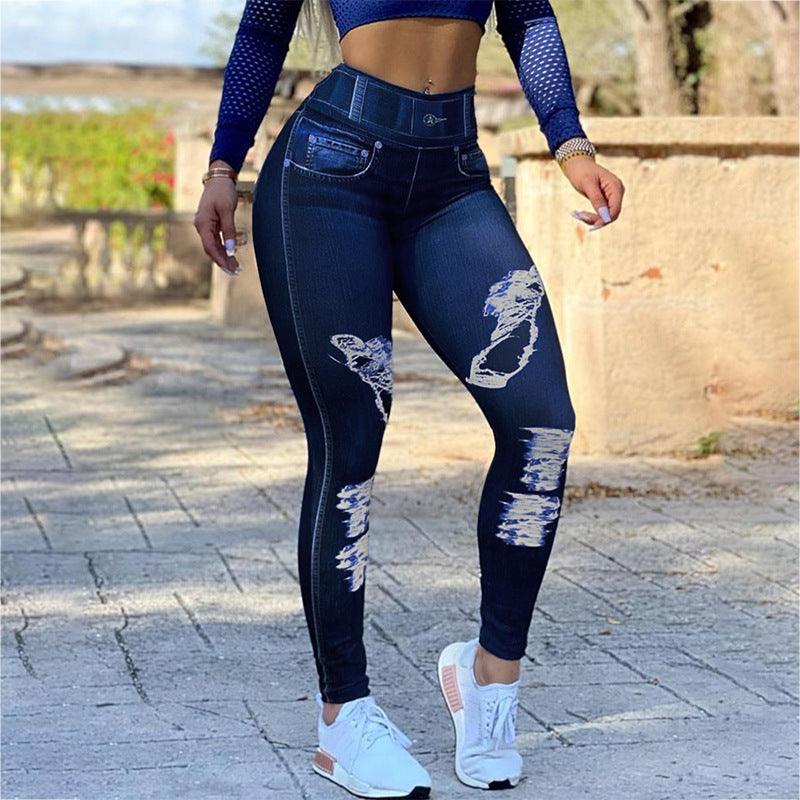 Ladies High Waist High Stretch Faux Denim Leggings - JWHL FASHION