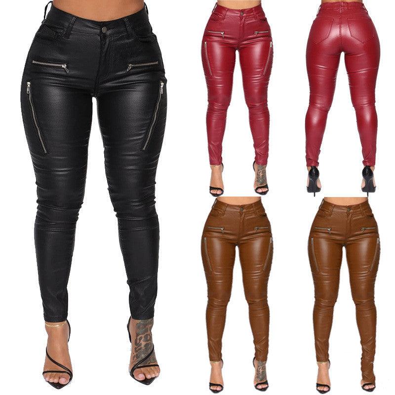 Zippered Mid-rise Leather Pants or Trousers - JWHL FASHION