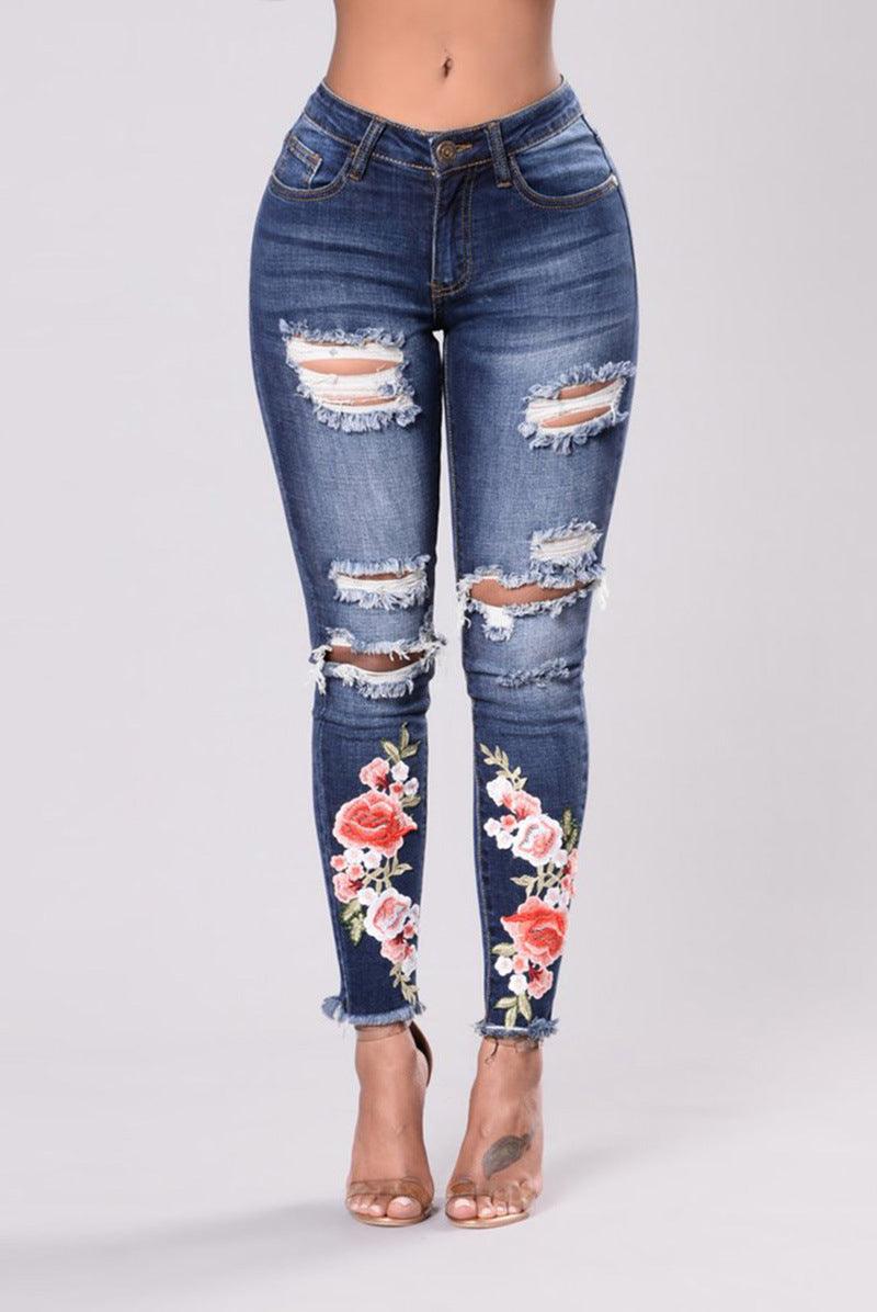 Ripped Jeans With Embroidery hole, Sexy High Waist Denim stretch plus size - JWHL FASHION