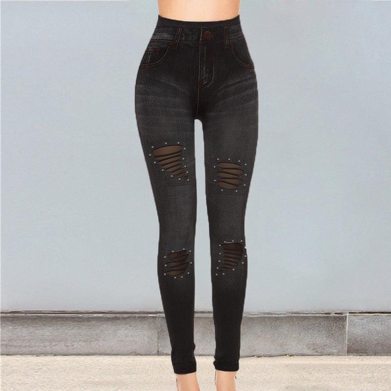 Cutout Mesh Studs Pearl Stretch Denim Leggings - JWHL FASHION