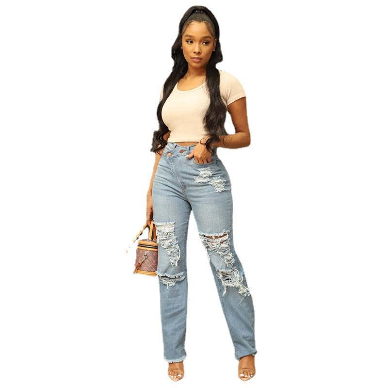 Women's Washed High Waist Straight Ripped Jeans - JWHL FASHION