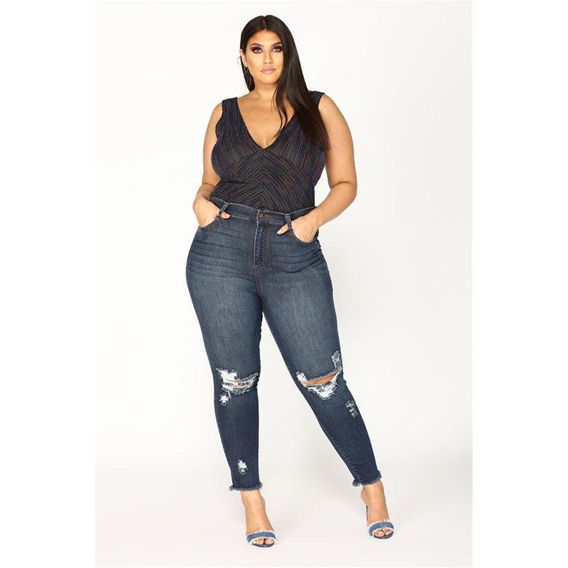 Women's Stretch Shredded Hip Raise Plus Size Jeans - JWHL FASHION