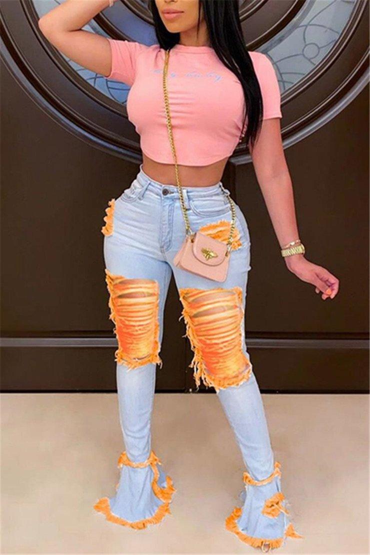 Ladies Fashion Fringe Ripped Classic Jeans - JWHL FASHION