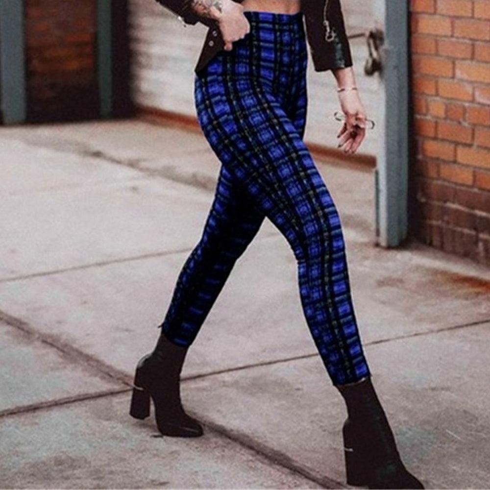 Plaid high waist leggings women casual pants - JWHL FASHION