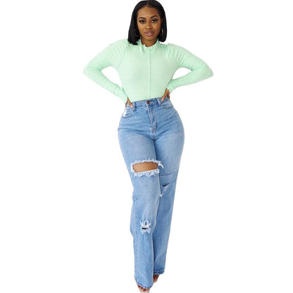 Fashion Personality Hole Stretch Versatile Straight Trousers - JWHL FASHION