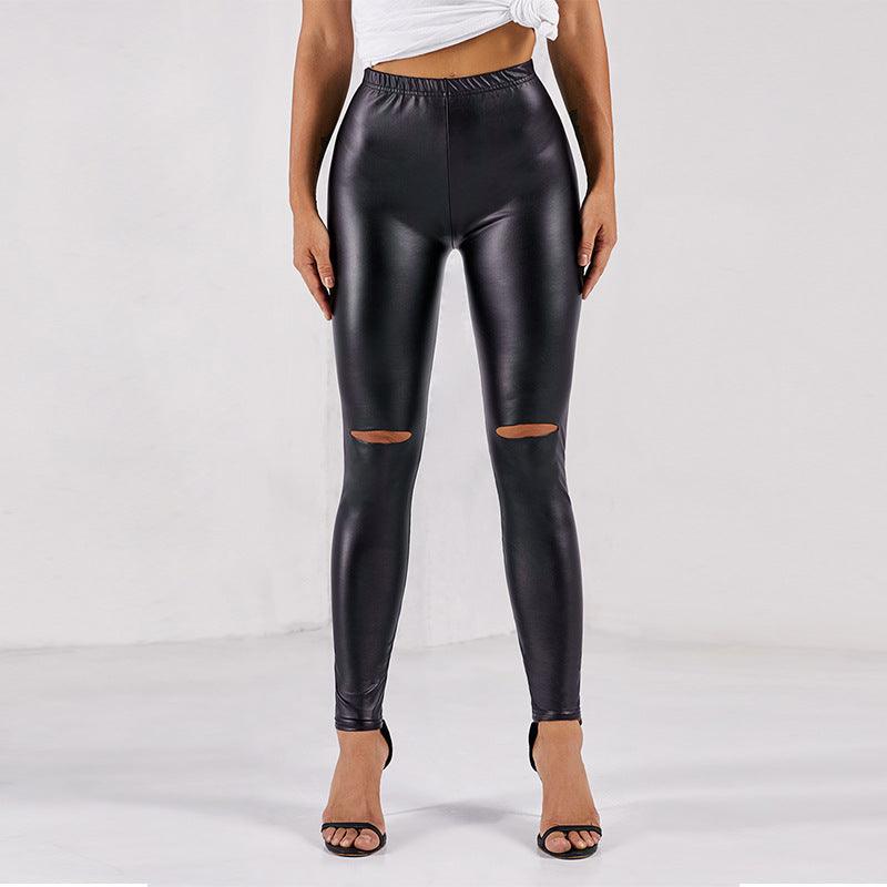 Tight High Waist Bright Color Sexy Ripped Leather Leggings - JWHL FASHION