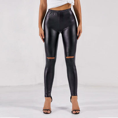 Tight High Waist Bright Color Sexy Ripped Leather Leggings - JWHL FASHION