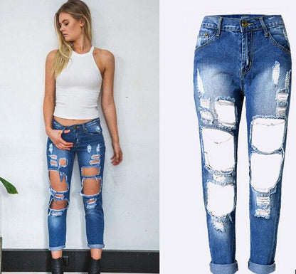 Ripped Jeans High Waist Knee Holes Skinny Pants - JWHL FASHION