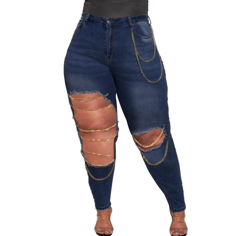 High Stretch Slim Fit Ripped Chain Washed Plus size Jeans - JWHL FASHION