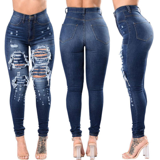 Women's Ripped Denim Washed Denim Pants - JWHL FASHION