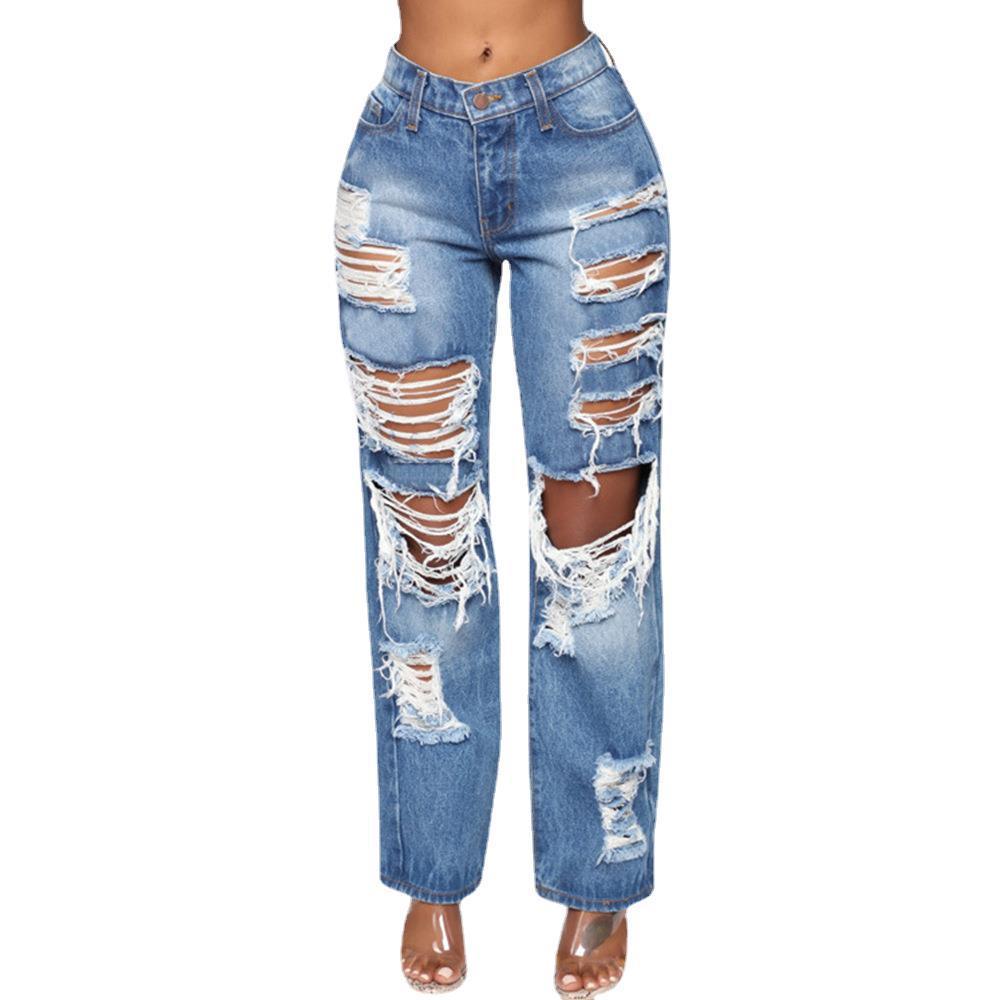 Ripped Non-stretch Straight-leg Pants - JWHL FASHION