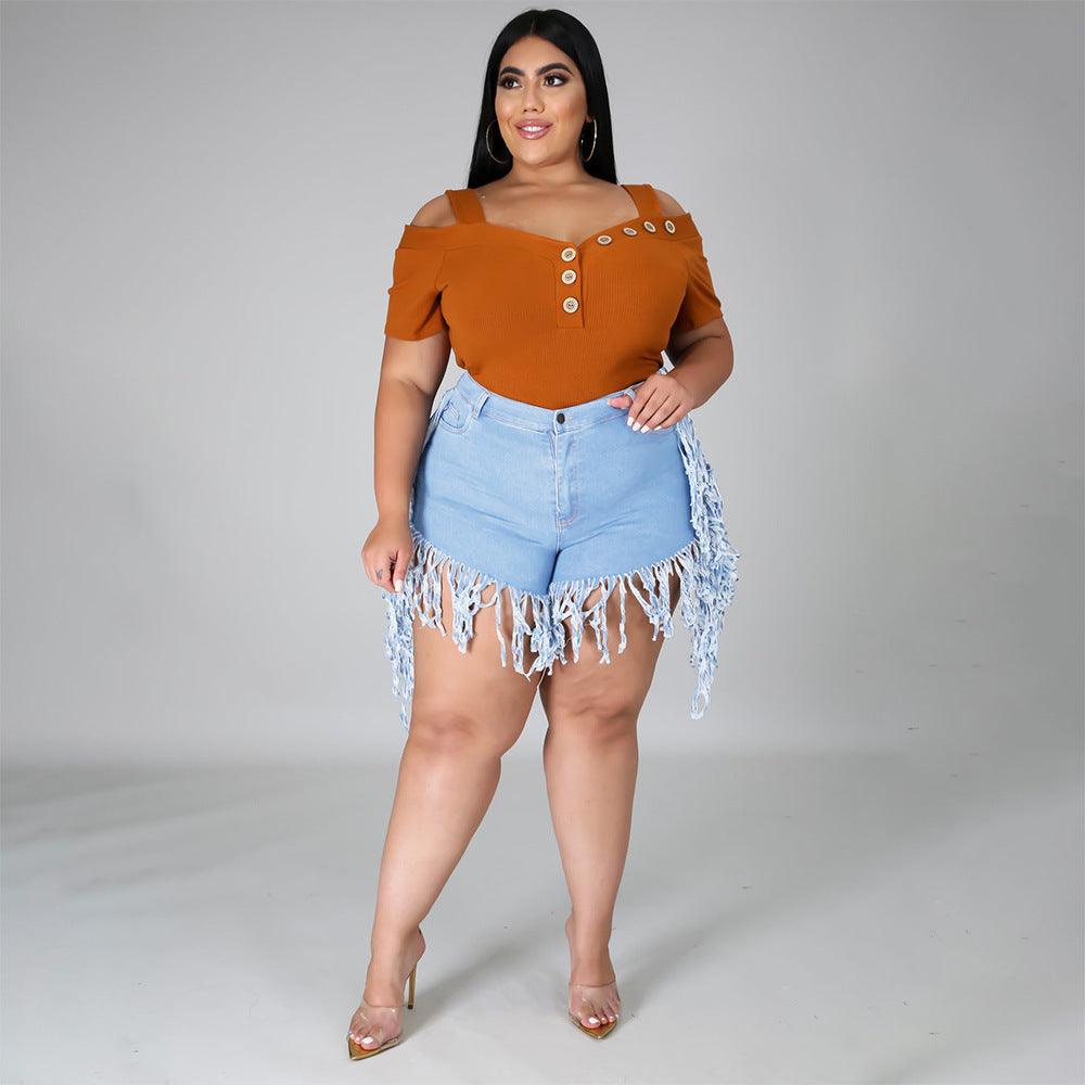 Ripped Fringed Brushed Denim Shorts Plus Size Women'S Casual Straight-Leg Pants - JWHL FASHION