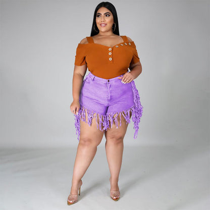 Ripped Fringed Brushed Denim Shorts Plus Size Women'S Casual Straight-Leg Pants - JWHL FASHION