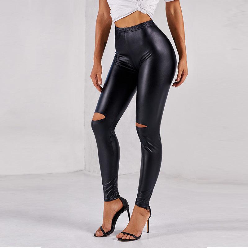 Tight High Waist Bright Color Sexy Ripped Leather Leggings - JWHL FASHION