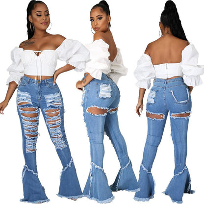 Raw-edged Ripped Flared Jeans - JWHL FASHION