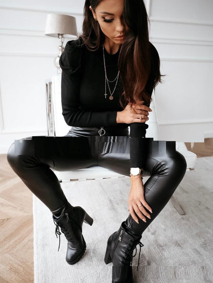 Women's Casual High Waist Zipper Pencil Leather Pants or Trousers - JWHL FASHION