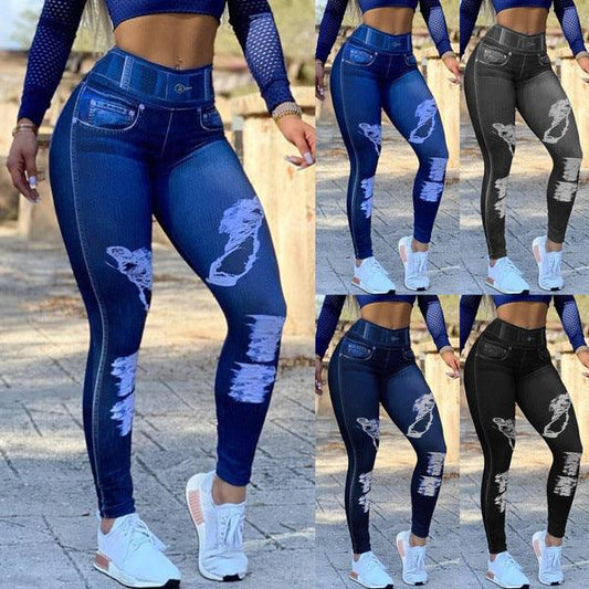 Ladies High Waist High Stretch Faux Denim Leggings - JWHL FASHION