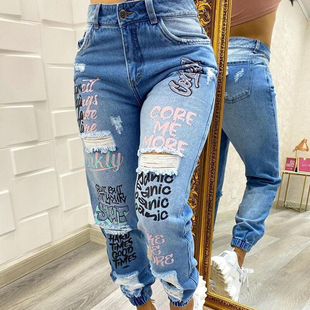 Women's Solid Ripped Alphabet Jeans Blue - JWHL FASHION